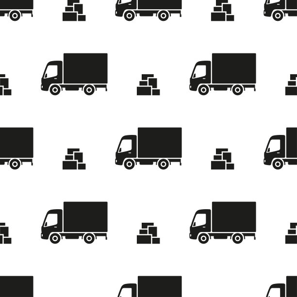 白色背景上孤立的黑色小卡车和箱子。单色无缝图案。矢量简单的平面图形说明。纹理。图片下载