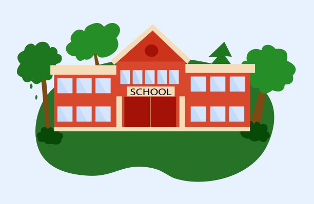 一所学校的建筑被树木环绕，背景是绿色的草坪图片下载