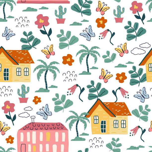 房屋、树木和花朵的无缝组合。平面设计，卡通风格。一个时尚的手绘插图。用于印刷，纸张，儿童壁纸。艺术矢量插图。图片下载