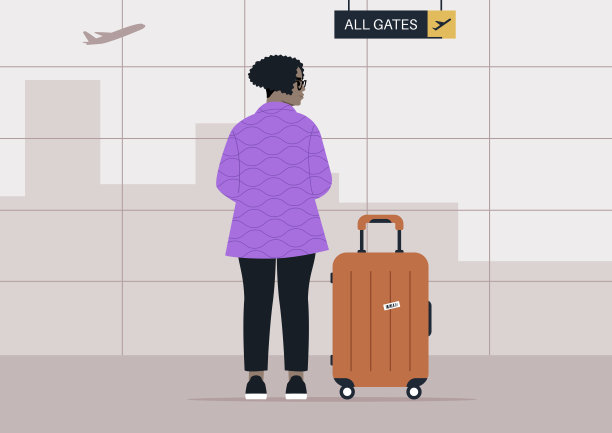 一个孤独的旅行者带着行李站在机场门口，面朝镜头，耐心地等待着。一架飞机从头顶飞过，预示着他们的旅程即将开始图片下载