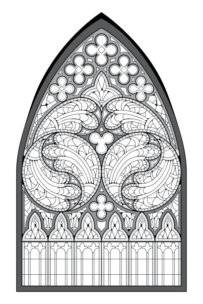 法国教堂的哥特式彩色玻璃窗。彩色画册的黑白图画。西欧的中世纪建筑。教育的页面。儿童涂色页。矢量图像。图片下载