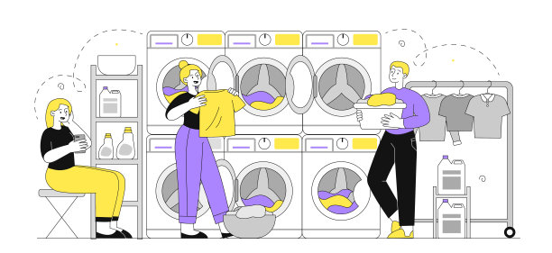 自助洗衣服务。男人和女人把脏衣服放在洗衣机旁边。清洁卫生。家务琐事和日常事务。线性向量图解图片下载