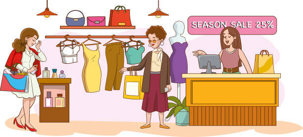 时尚服装店背景插画。服装商店平面颜色矢量插图。商店。购物中心。布精品。时装店设有衣架、衣架、镜子作背景。图片下载