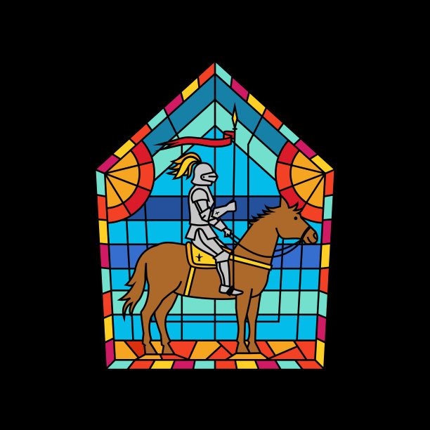 中世纪骑士彩色玻璃窗。室内彩色哥特式马赛克装饰。矢量插图。图片下载