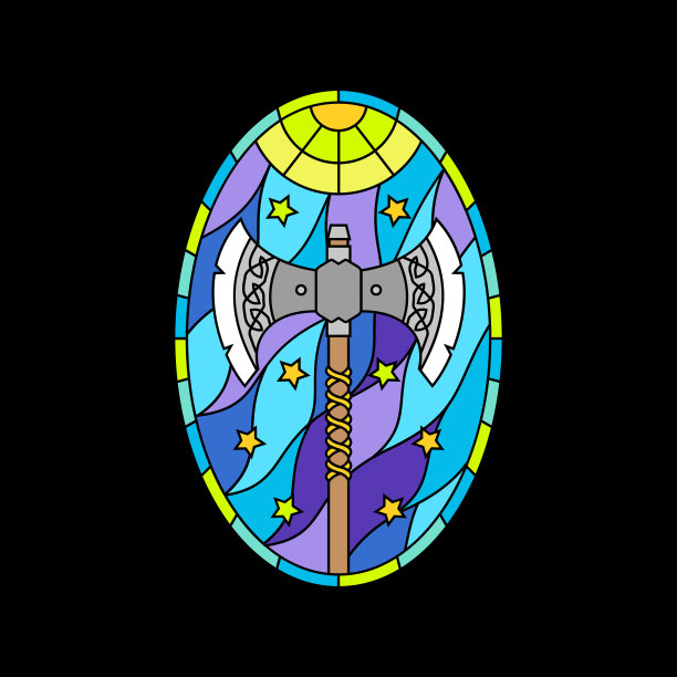 中世纪战斧彩色玻璃窗。室内彩色哥特式马赛克装饰。矢量插图。图片下载