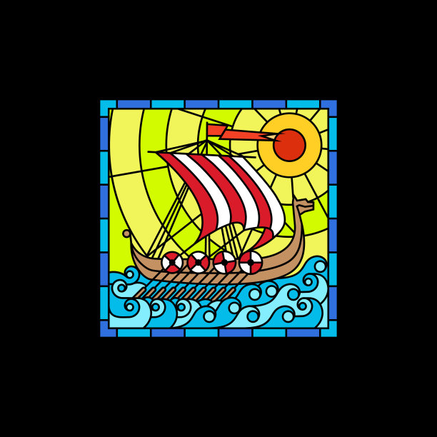 海盗船彩色彩色玻璃窗。室内彩色哥特式马赛克装饰。矢量插图。图片下载