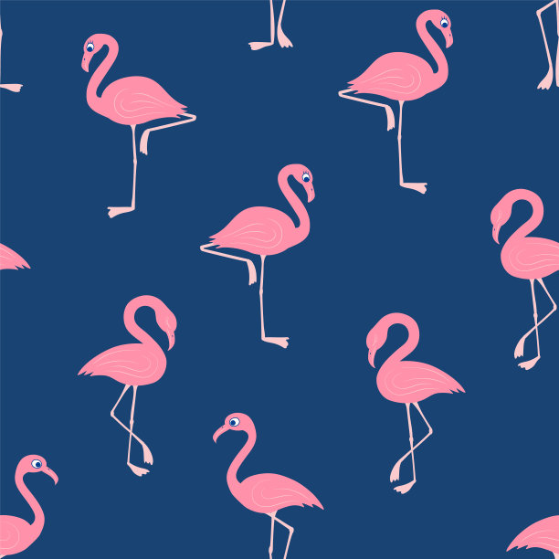 热带蓝色背景上粉红色火烈鸟的无缝矢量图案图片下载
