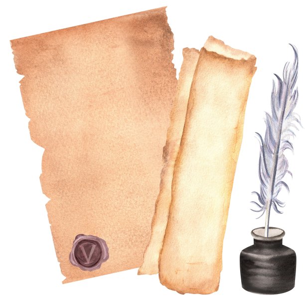 有蜡封的纸，纸卷，墨水瓶和鹅毛笔。书法书写剪贴画。仿古书房元素。手绘水彩插图。图片下载