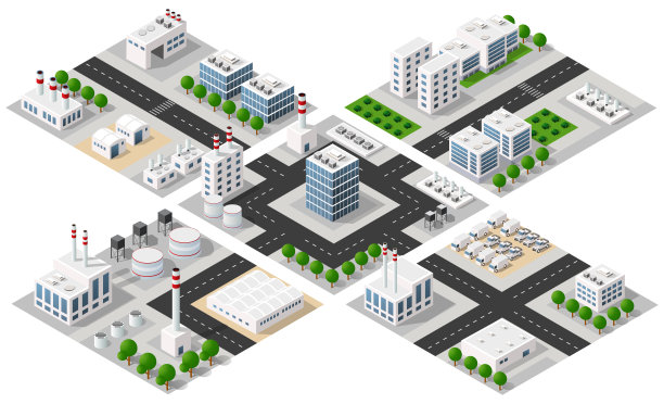 城市城区地图等距工厂工业区三维插图图片下载