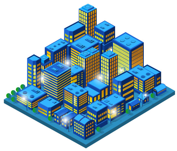 城市等距夜灯建筑3D插画技术小镇图片下载