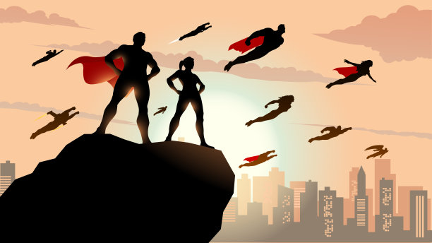 矢量超级英雄团队轮廓在一个城市股票插图图片下载