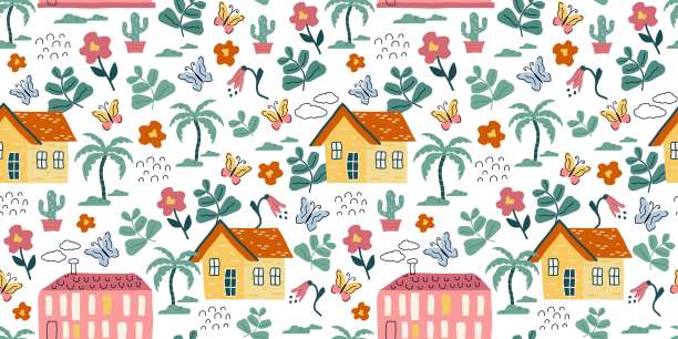 房屋、树木和花朵的无缝组合。平面设计，卡通风格。一个时尚的手绘插图。用于印刷，纸张，儿童壁纸。艺术矢量插图。图片下载