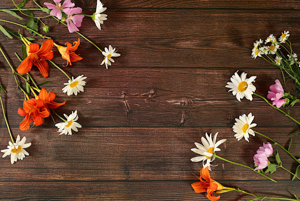 百合花，雏菊和蜀葵在一个古老的木制背景，夏季和秋季的横幅产品广告，抽象的插花，质朴的风格，节日贺卡，图片下载