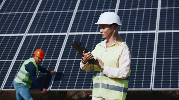 建筑师和工程师安装太阳能电池板。一男一女或一组工程师在开会或进行施工规划图片下载
