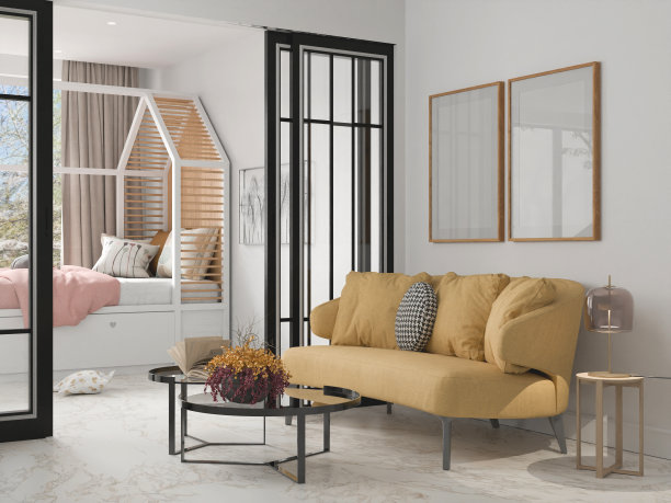 实景海报木框在空画客厅，元素室内垂直，在墙上。在插图中3d渲染图片下载