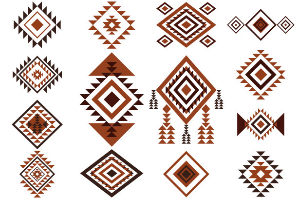 阿兹特克民族图案。美国本土几何图案，彩色墨西哥部落艺术元素为标志纹身织物设计。向量隔离集。五颜六色的古代文化符号或饰物由集。图片下载