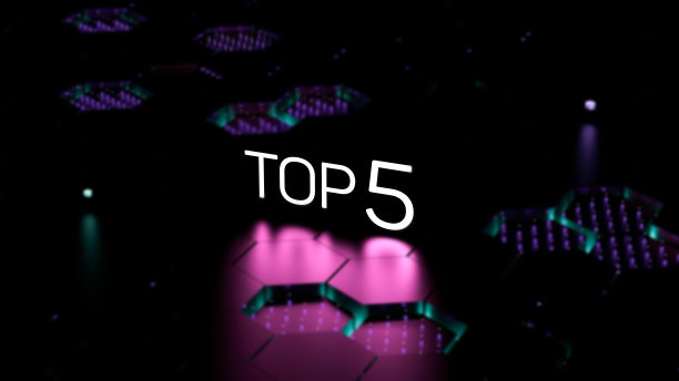 在模糊的数字背景上，TOP 5文本，符号，发光字母。前5名的评论，评级，概念，壁纸。三维渲染图片下载
