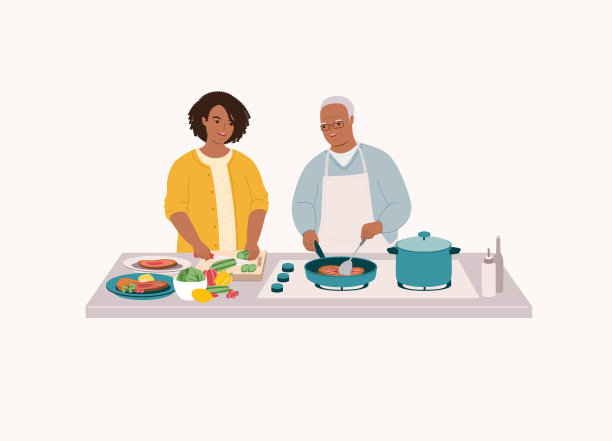 黑人父亲和成年女儿一起在厨房准备食物。图片下载