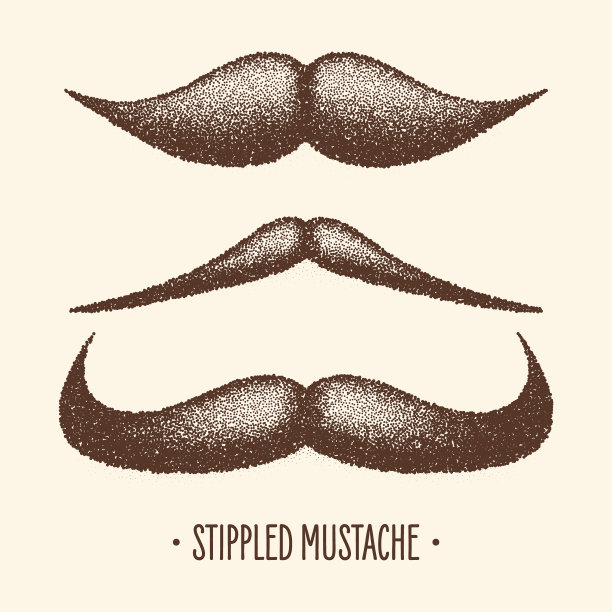 棕色点状的复古胡子。卷曲的面部毛发。文艺范儿十足的大胡子。点画，点画和阴影，点画图案，半色调效果。矢量图图片下载
