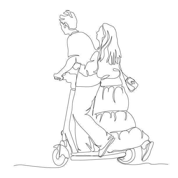 年轻夫妇骑着电动滑板车。连续线条绘制。黑白矢量插图在线艺术风格。图片下载