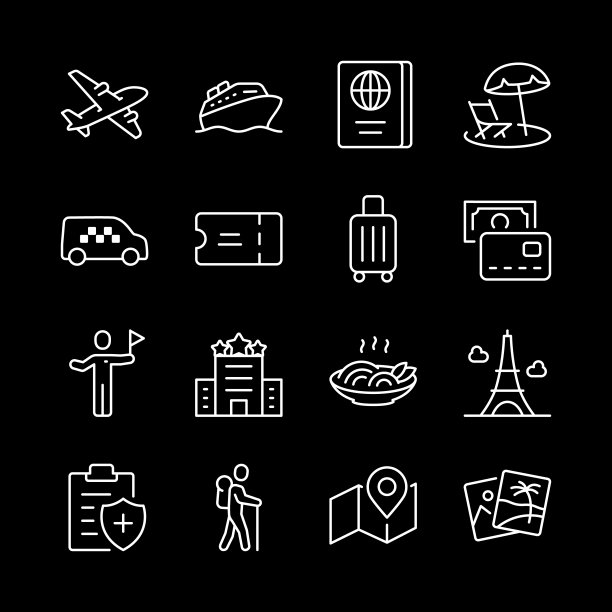 旅游观光，白线图标。图标探索世界，飞机，游轮，出租车，酒店。完美的度假和冒险的主题。黑色背景上的符号。可编辑的中风。图片下载