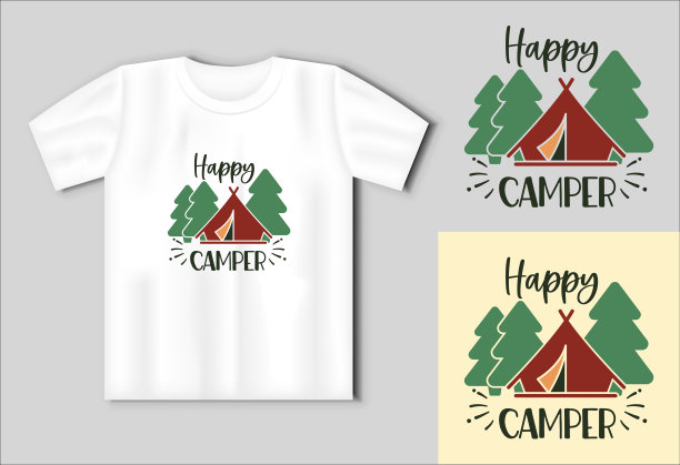 快乐的露营者-野营报价设计t恤，冒险向量EPS可编辑的文件。露营概念与t恤模型图片下载