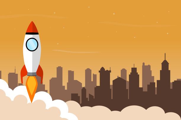 以夏日为主题的色彩，在城市中心发射的火箭背景设计。城市发展的创意插画概念。图片下载