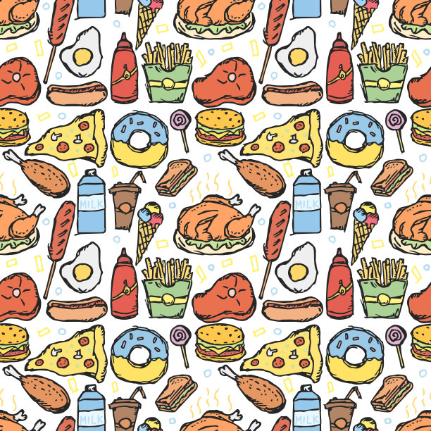 无缝的美国食物模式。用美国食物图标涂鸦插图。快餐背景图片下载