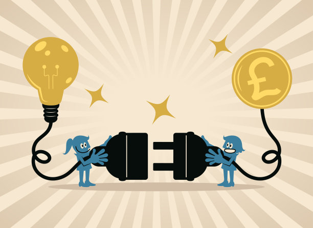 两位女商人拿着巨大的电源插头和插座，准备连接金钱和创意图片下载