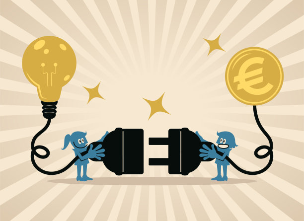 两位女商人拿着巨大的电源插头和插座，准备连接金钱和创意图片下载