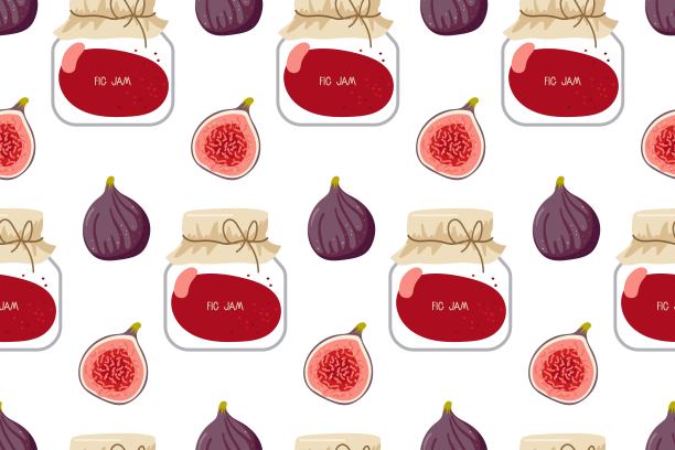 无缝图案与无花果果酱。罐装无花果手绘涂鸦草图。自制果冻玻璃罐。保存水果。重复矢量背景菜单，壁纸，纺织品，印刷，剪贴簿。图片下载