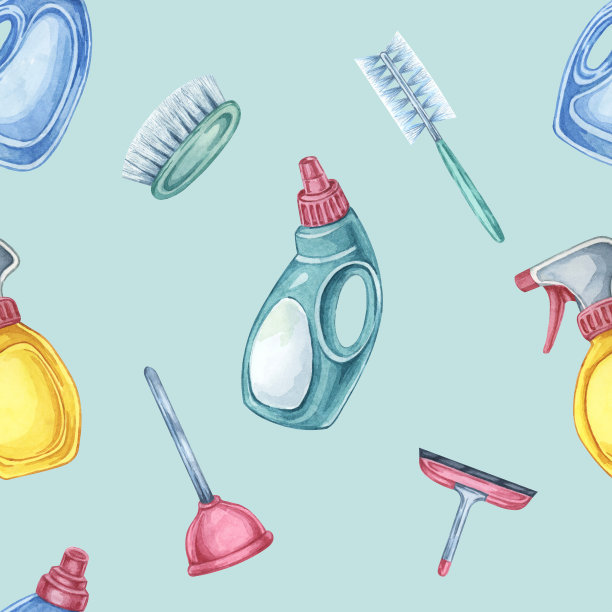 家政无缝图案展示喷雾瓶，洗涤剂，刷子和海绵。剪贴画墙纸设计，家庭清洁博客图片下载