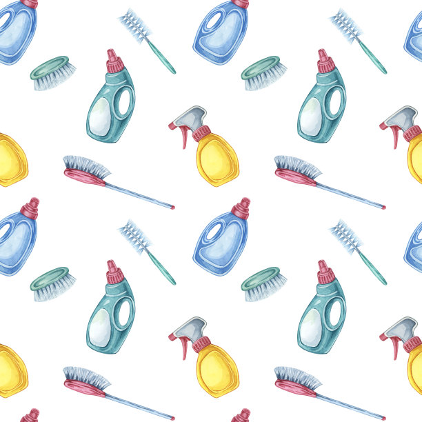 家政无缝图案展示喷雾瓶，洗涤剂，刷子和海绵。剪贴画墙纸设计，家庭清洁博客图片下载
