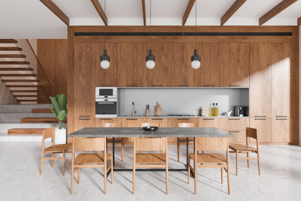 现代厨房配有木质橱柜和餐桌，简约风格，明亮背景，现代室内设计理念。三维渲染图片下载
