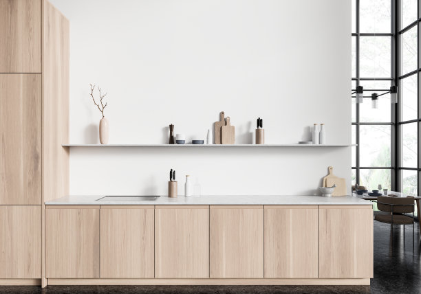 时尚的家庭厨房内部设有烹饪空间，靠近窗户的餐桌图片下载