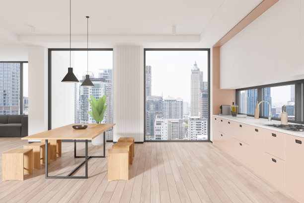 时尚的家庭内部，带沙发和窗户的烹饪和放松空间图片下载