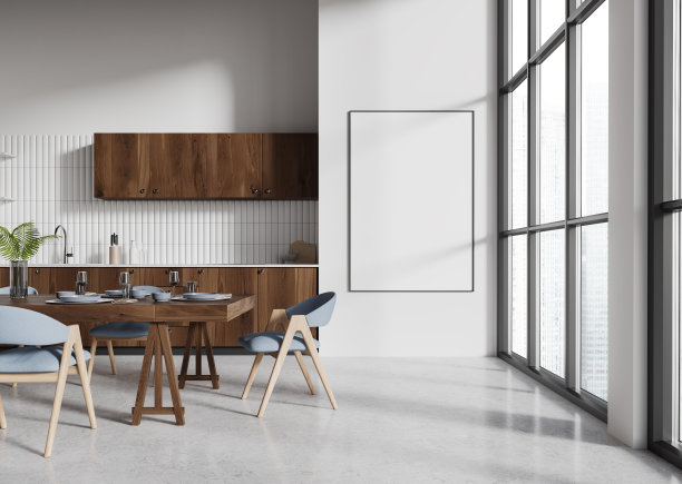 现代家庭厨房内部与餐桌和窗户。模型框架图片下载