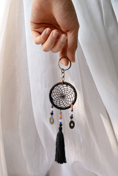 手拿着白色窗帘背景的迷你捕梦网的照片图片下载