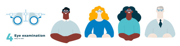 眼部检查收集。验光。男女患者配戴可调节的光学试验镜片。现代平面矢量插图。社交媒体模板。图片下载
