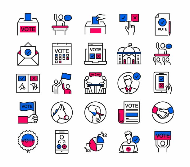 选举图标相关的矢量设计概念。信息图表，移动和网络等。独特的风格像素完美图标。图标符号可用于政府，政治，人口统计，选举，政党，总统职位图片下载