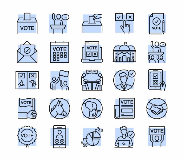 选举图标相关的矢量设计概念。信息图表，移动和网络等。独特的风格像素完美图标。图标符号可用于政府，政治，人口统计，选举，政党，总统职位图片下载