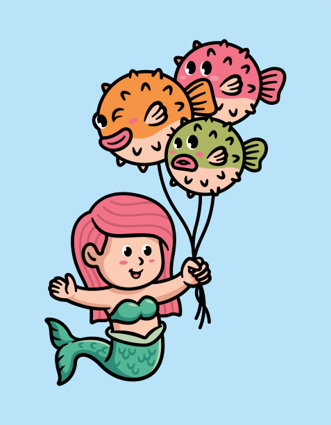 手持气球的可爱美人鱼插画图片下载