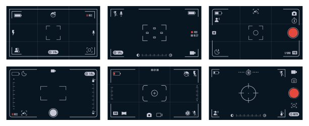 移动相机取景器。智能手机取景器屏幕移动相机与照片和视频设置，网格，网格，对焦，曝光，变焦和闪光图标。矢量覆盖的手机相机取景器图片下载