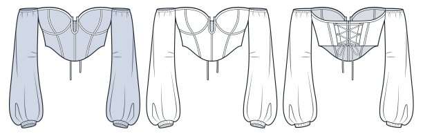 露肩上衣技术时尚插图。顶级时尚平面技术图纸模板，气球袖，系带，修身，前后视图，白色，浅蓝色，女性CAD模型集。图片下载