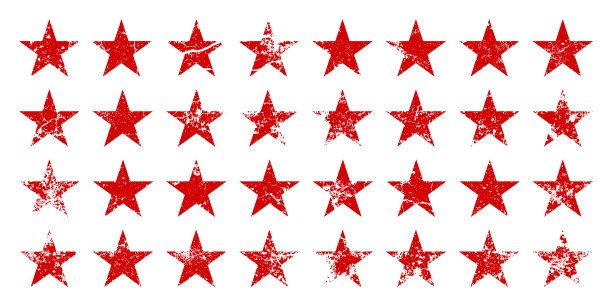 带有裂缝和污渍的红色复古星星。旧手绘招牌，黑色造型简单。复古设计元素与苦恼的效果，grunge纹理。矢量图图片下载