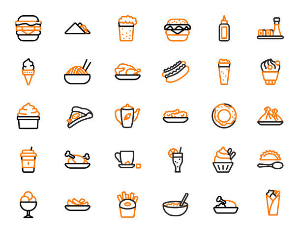 食品和饮料线图标，一组30个矢量食品和饮料符号在黑色和橙色，快餐细线图标设置可编辑的笔触图片下载