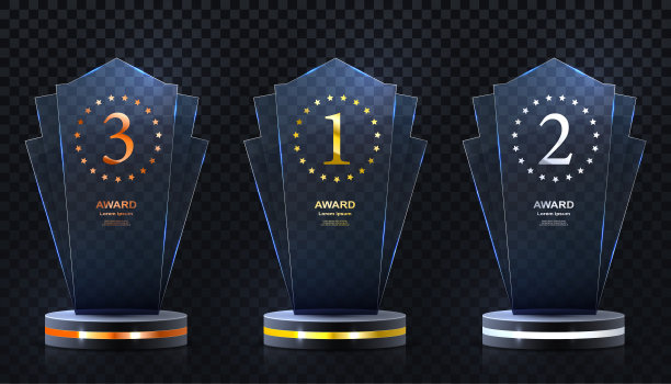 玻璃奖奖杯套装。透明的奖品模板。胜者第一名的概念。矢量插图。图片下载
