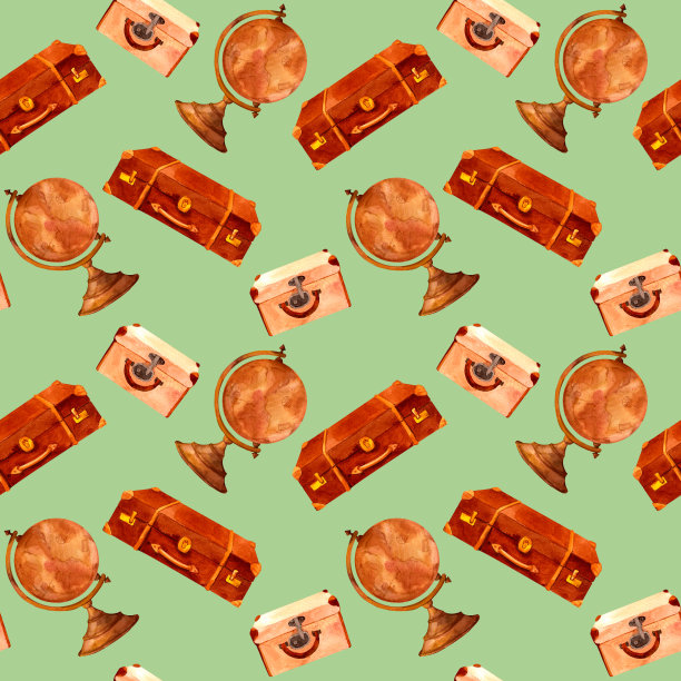 古董旅行袋和地球仪。老式的老式水彩剪贴艺术。复古风格的无缝图案，用于墙纸，纺织品，diy，包装剪贴簿图片下载