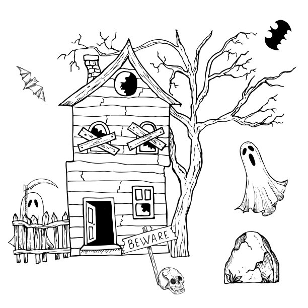 万圣节鬼屋。木制招牌当心。矢量手绘线性鬼城堡，怪物剪影插图。神秘的图形单色幽灵和恐怖的家孤立的背景。对于设计师来说，亡灵节图片下载