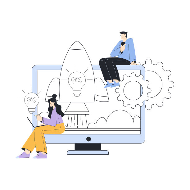 业务与年轻的男人和女人字符启动项目和启动矢量插图图片下载